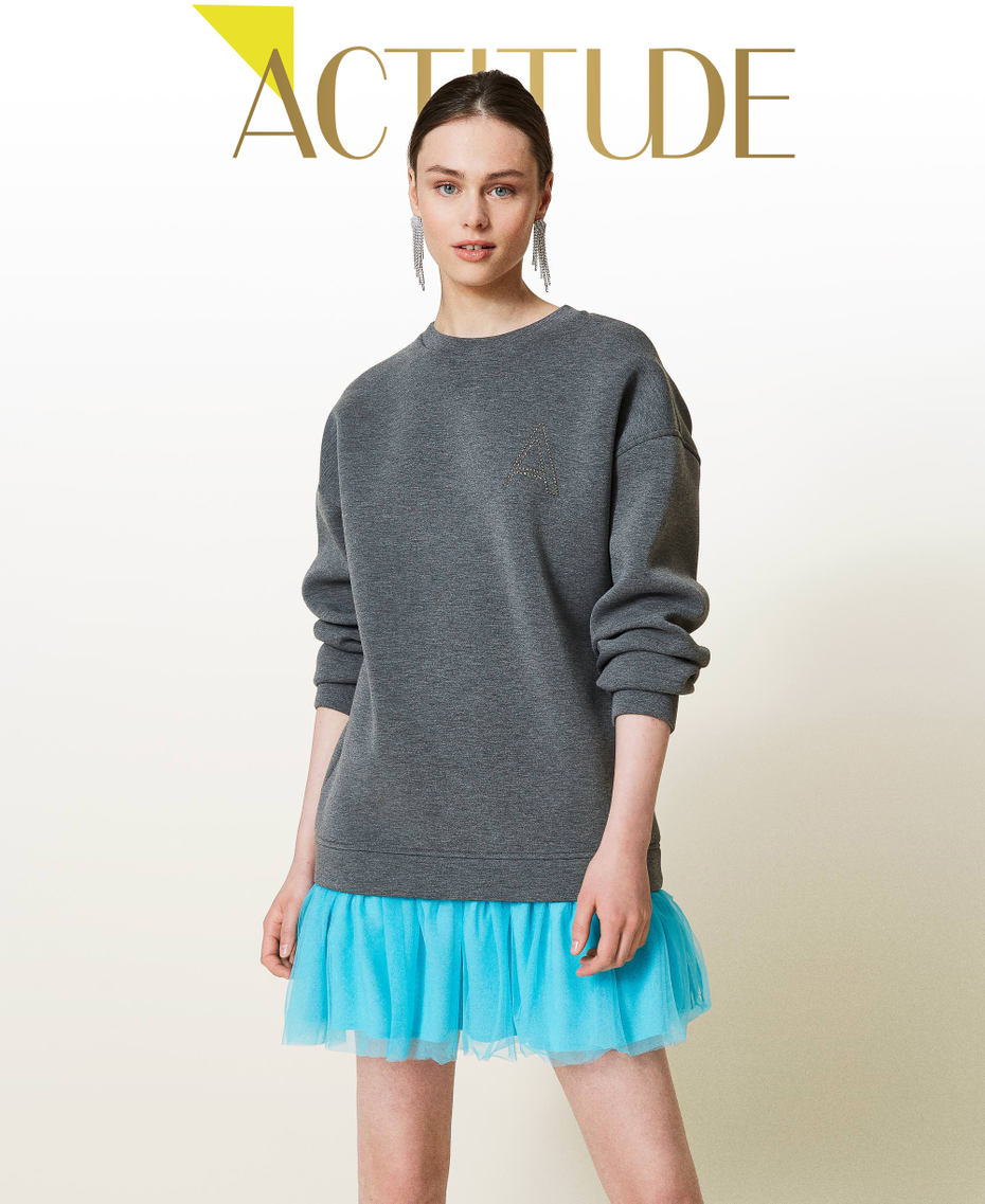 Robe en tissu scuba avec volant en tulle Bicolore Gris Chin&eacute; Clair / Iceland Blue Femme 212AP2400-01