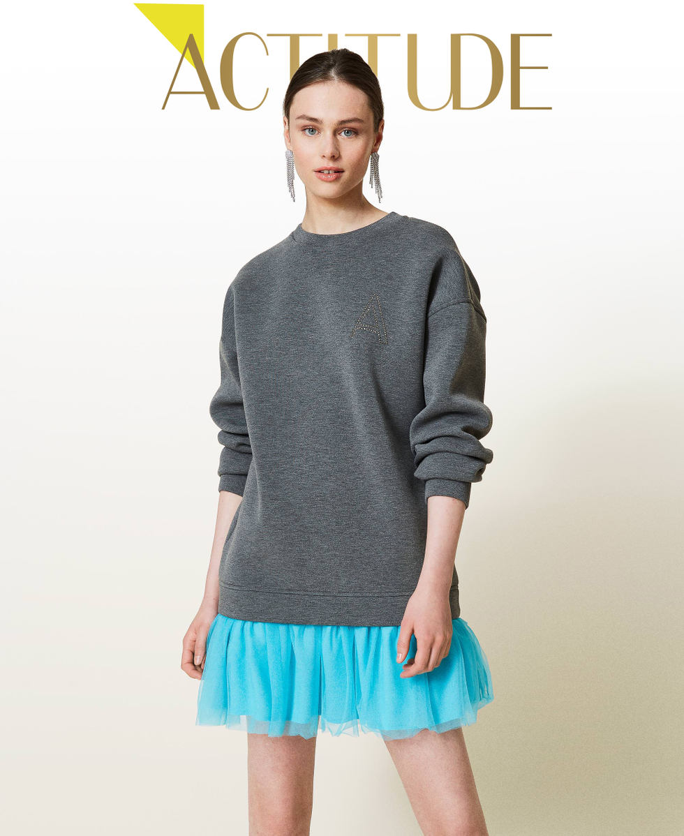Robe en tissu scuba avec volant en tulle Bicolore Gris Chin&eacute; Clair / Iceland Blue Femme 212AP2400-01