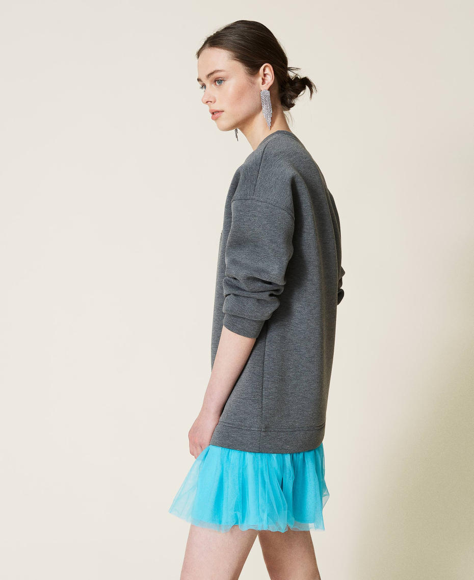 Scuba fabric dress with tulle flounce Two-tone Light Grey Marl / Iceland Blue Woman 212AP2400-03