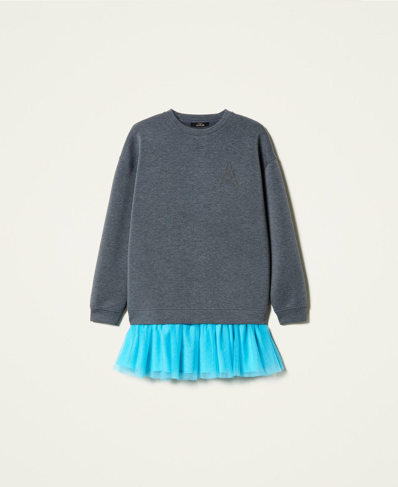 Robe en tissu scuba avec volant en tulle Bicolore Gris Chin&eacute; Clair / Iceland Blue Femme 212AP2400-0S