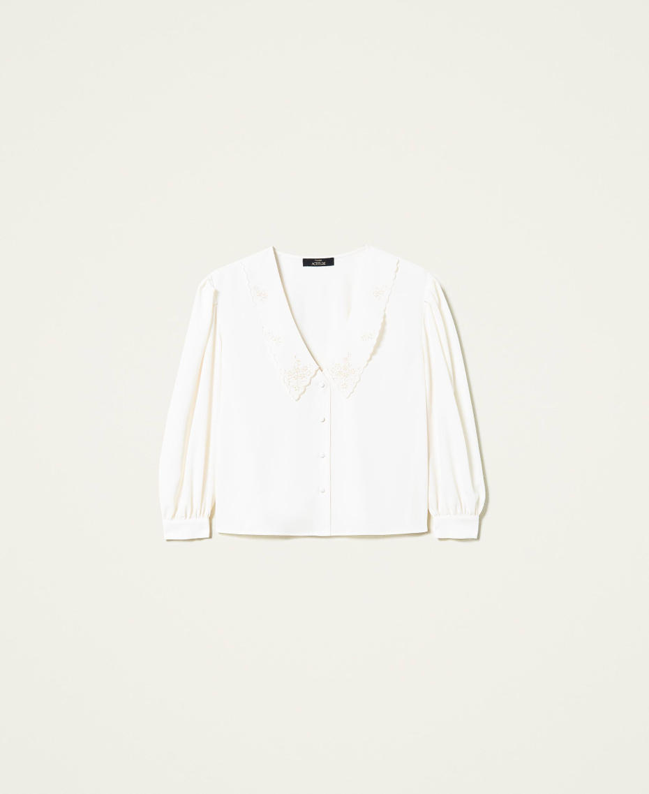 Crêpe de Chine shirt with embroidery "Sea Salt” White Woman 212AP2430-0S