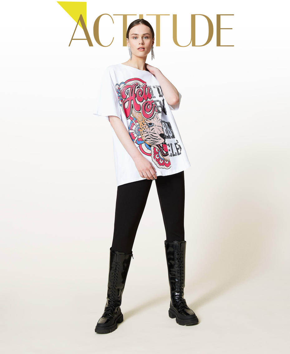 Maxi t-shirt avec imprim&eacute; Blanc Optique / Imprim&eacute; Jaguar & Coll&egrave;ge Femme 212AP2443-01