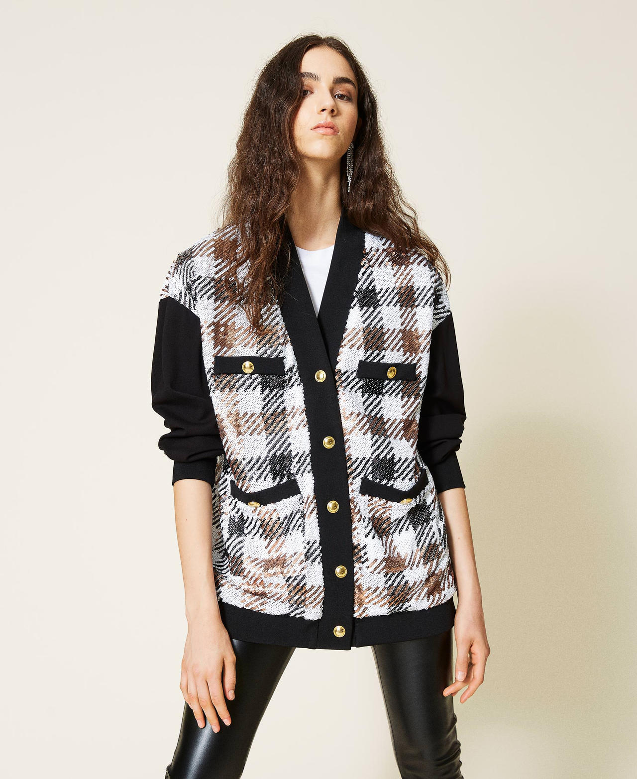 Full sequin chequered cardigan Full Sequin Check Woman 212AP2512-02