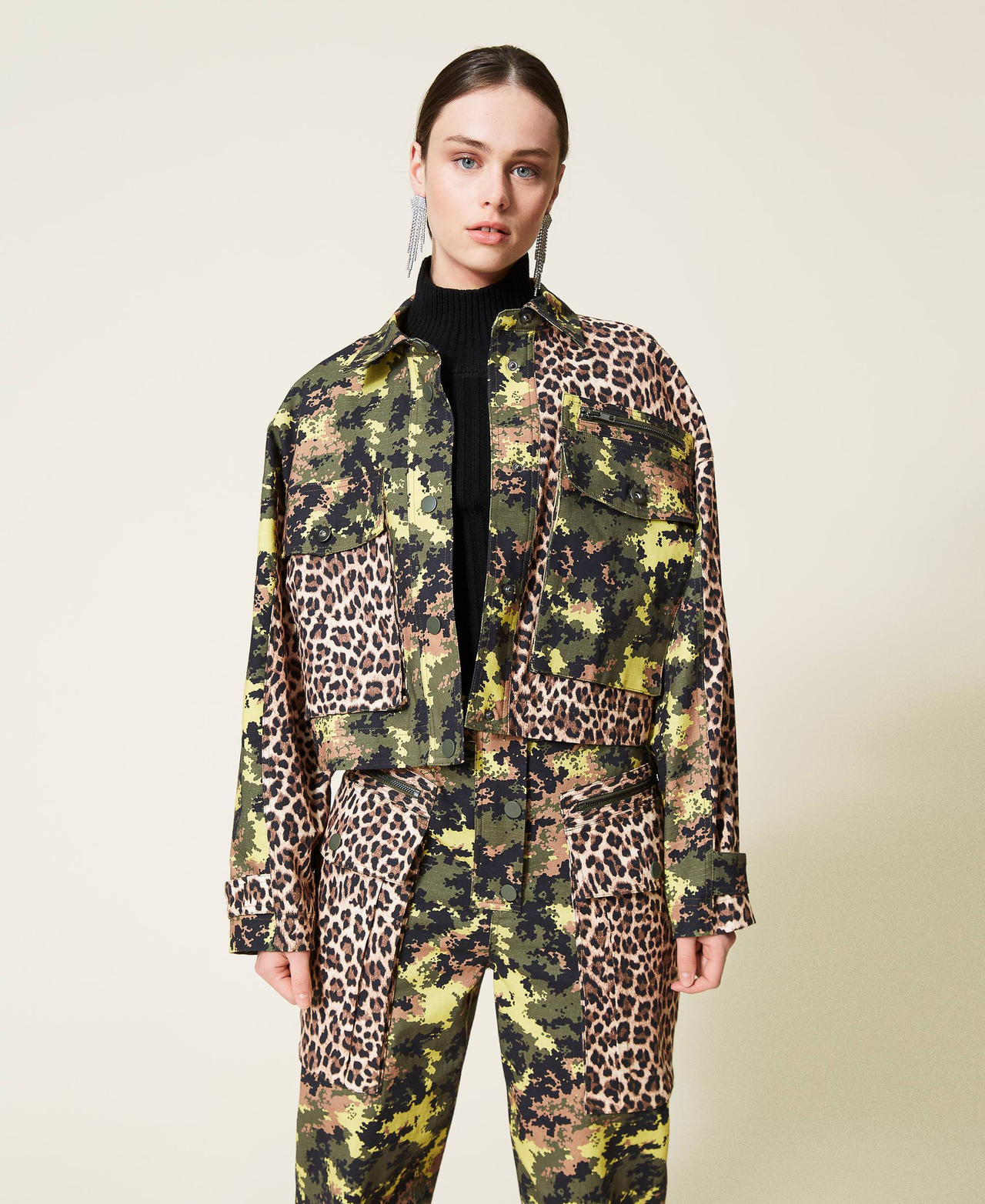 Mixed print jacket Mimetic Green / Leopard Print Woman 212AP2520-02