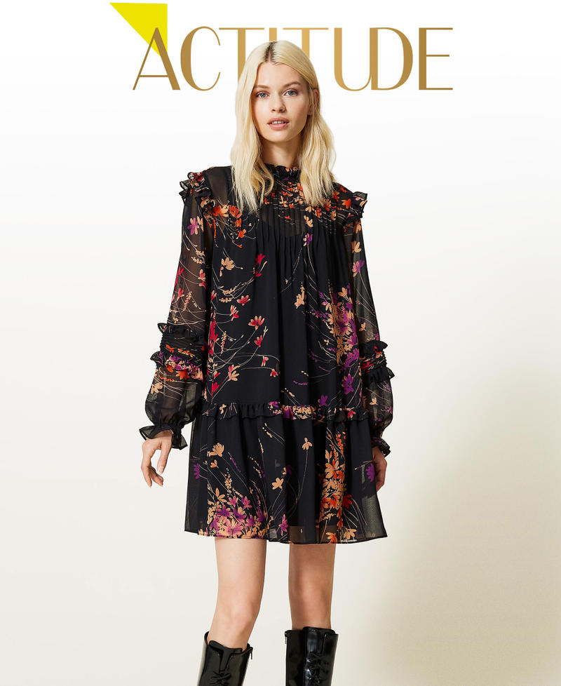 Floral print and ruffle dress Black Wild Flowers Print Woman 212AP2550-01