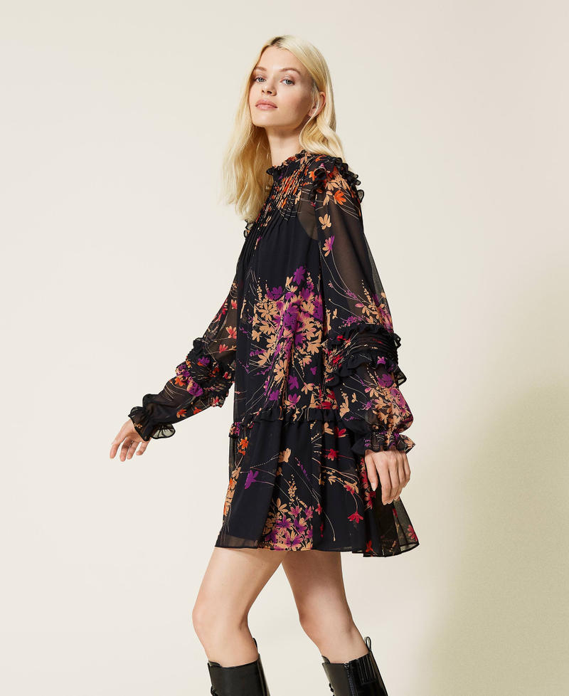 Floral print and ruffle dress Black Wild Flowers Print Woman 212AP2550-02