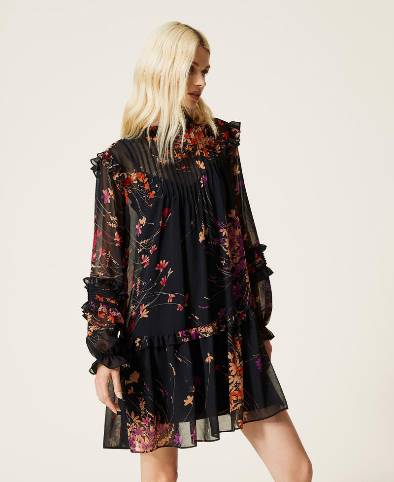 Robe avec imprimé floral et volants Imprimé Fleurs Sauvages Noir Femme 212AP2550-03