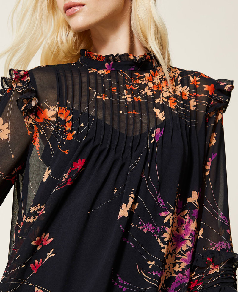 Robe avec imprimé floral et volants Imprimé Fleurs Sauvages Noir Femme 212AP2550-05