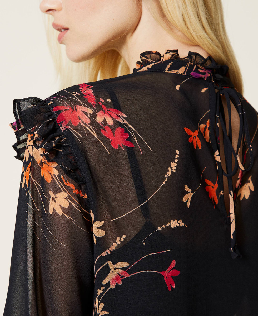 Floral print and ruffle dress Black Wild Flowers Print Woman 212AP2550-06