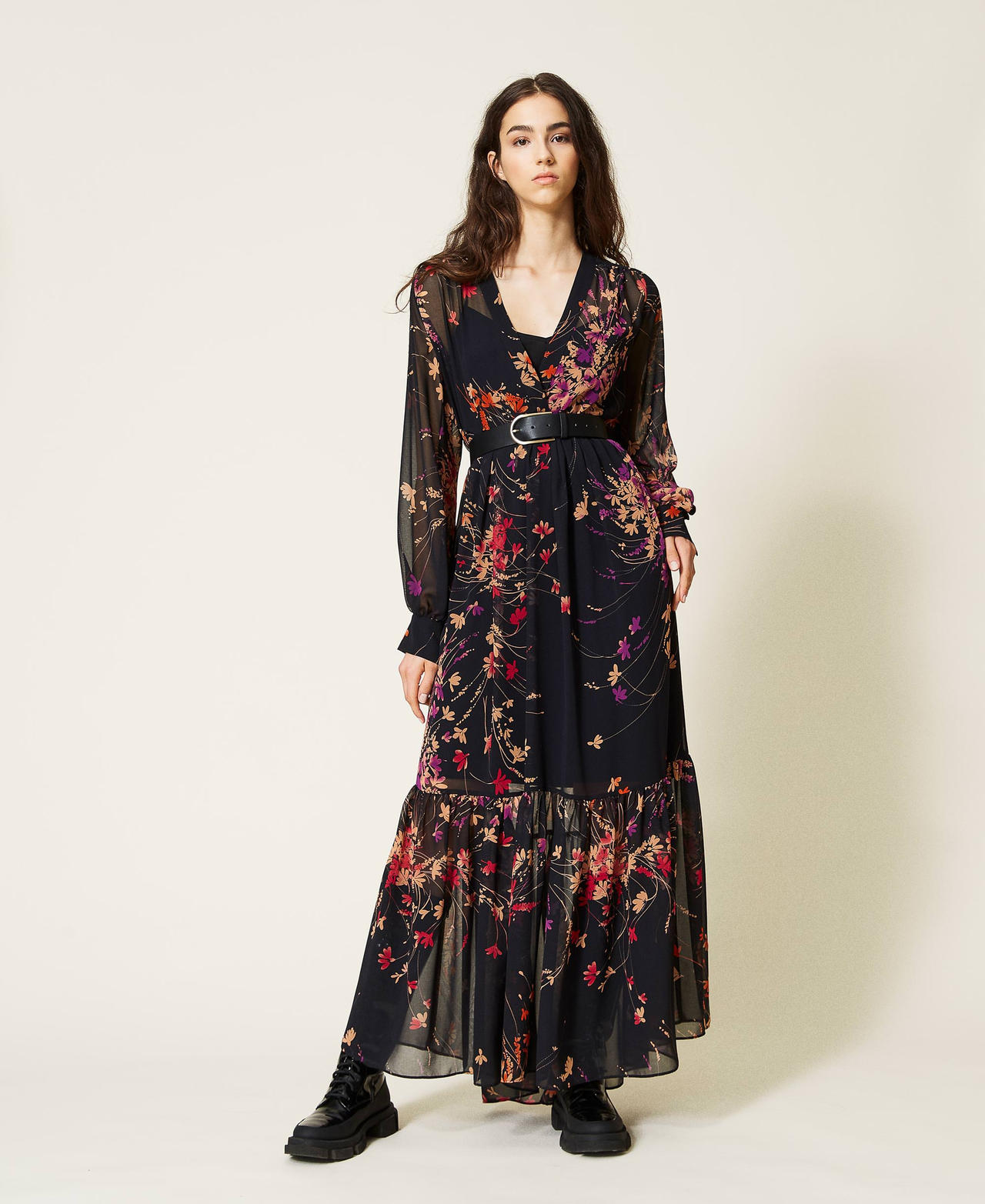 Robe longue avec imprimé floral Imprimé Fleurs Sauvages Noir Femme 212AP2552-02