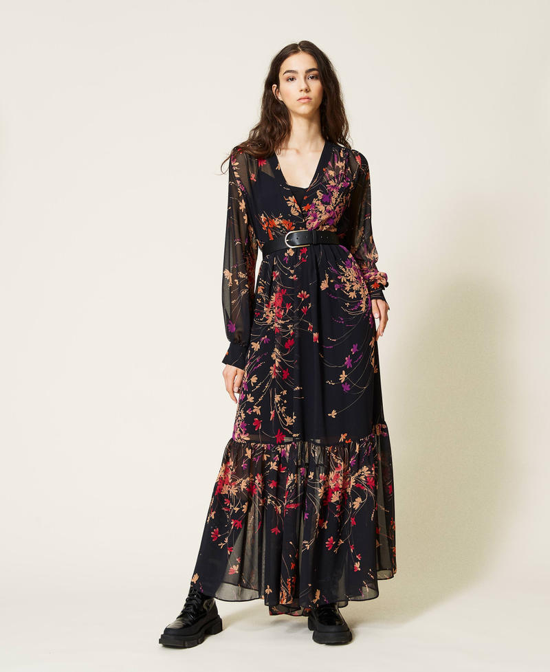 Floral print long dress Black Wild Flowers Print Woman 212AP2552-02