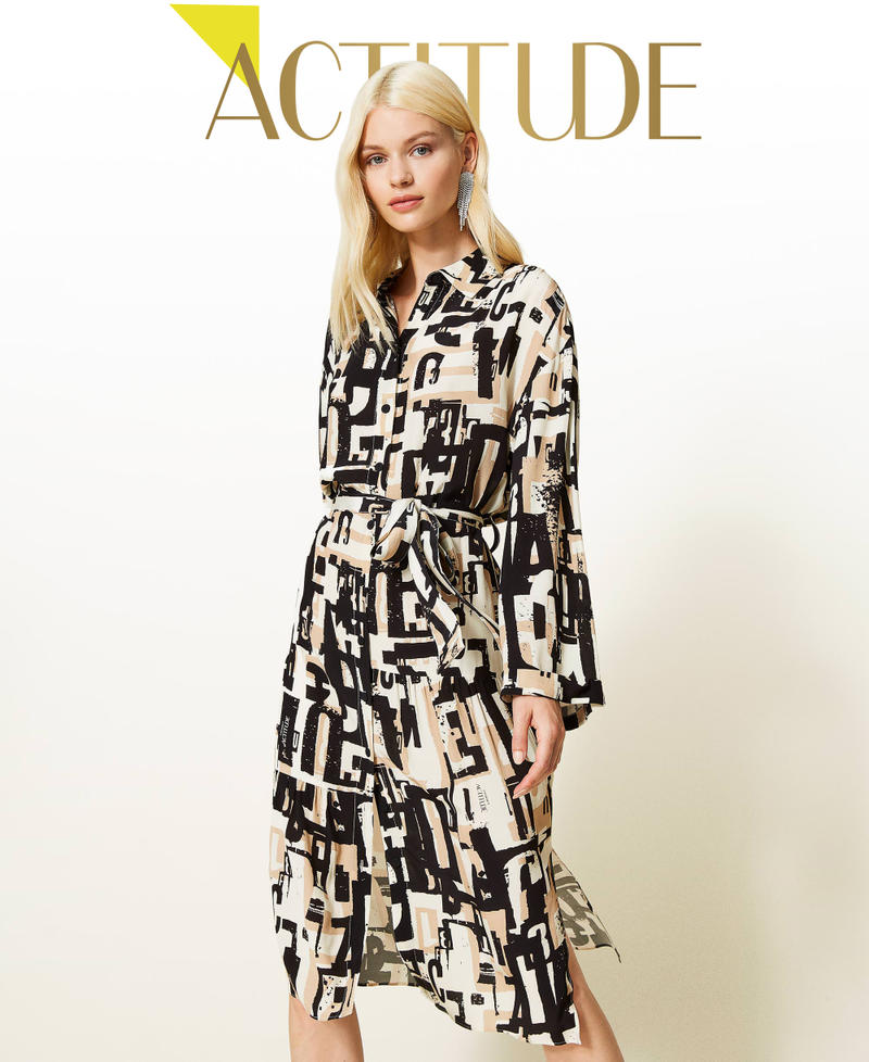 Cr&ecirc;pe de Chine dress with logo print Black Lettering Print Woman 212AP2560-01