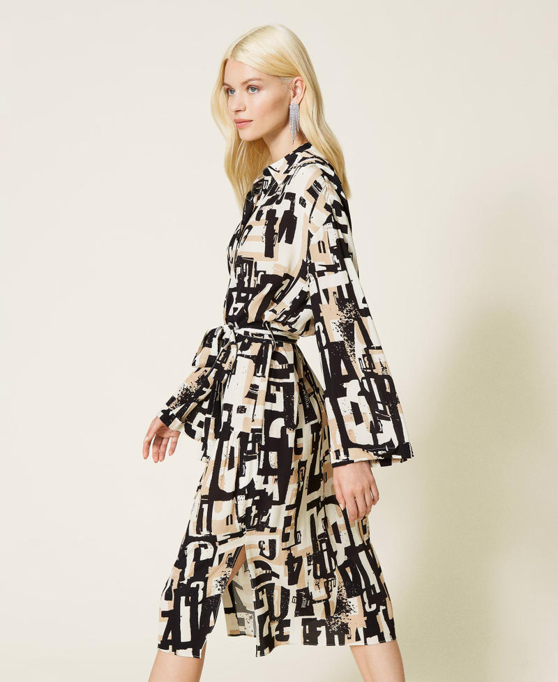 Cr&ecirc;pe de Chine dress with logo print Black Lettering Print Woman 212AP2560-02
