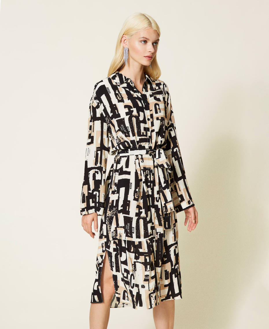 Cr&ecirc;pe de Chine dress with logo print Black Lettering Print Woman 212AP2560-03