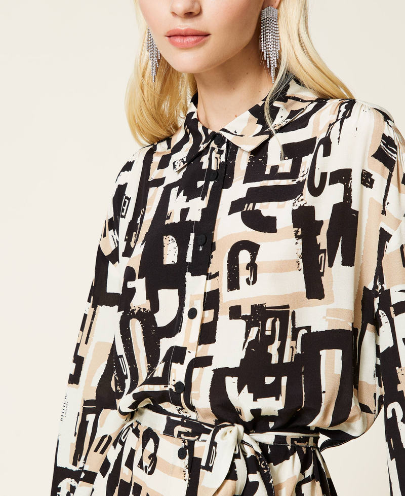 Cr&ecirc;pe de Chine dress with logo print Black Lettering Print Woman 212AP2560-06