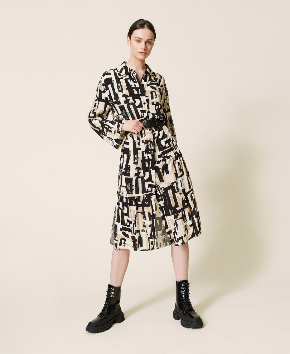 Cr&ecirc;pe de Chine dress with logo print Black Lettering Print Woman 212AP2560-0T