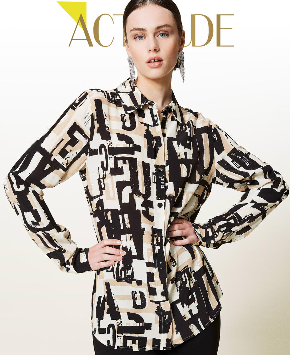 Camisa de crep&eacute; de China con estampado de logotipo Estampado Lettering Negro Mujer 212AP2562-01