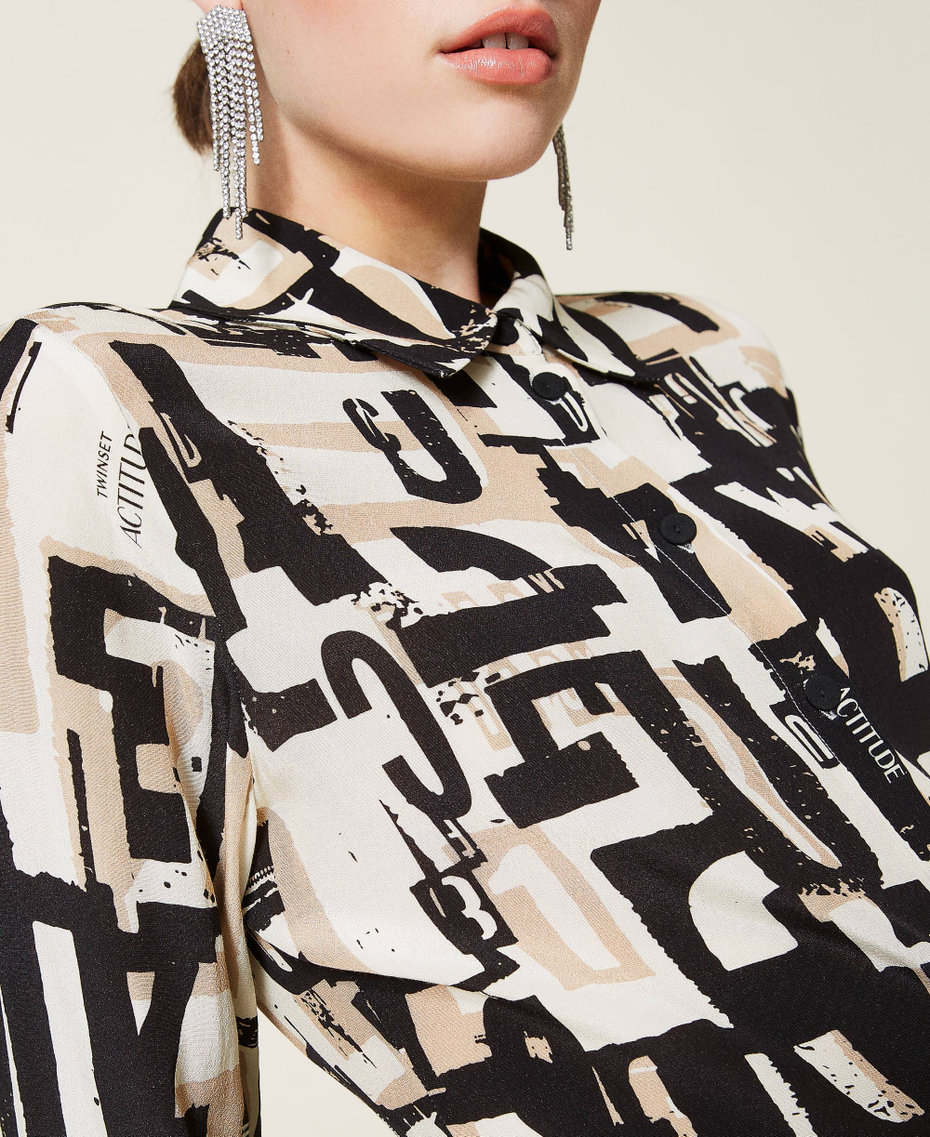 Camisa de crep&eacute; de China con estampado de logotipo Estampado Lettering Negro Mujer 212AP2562-05
