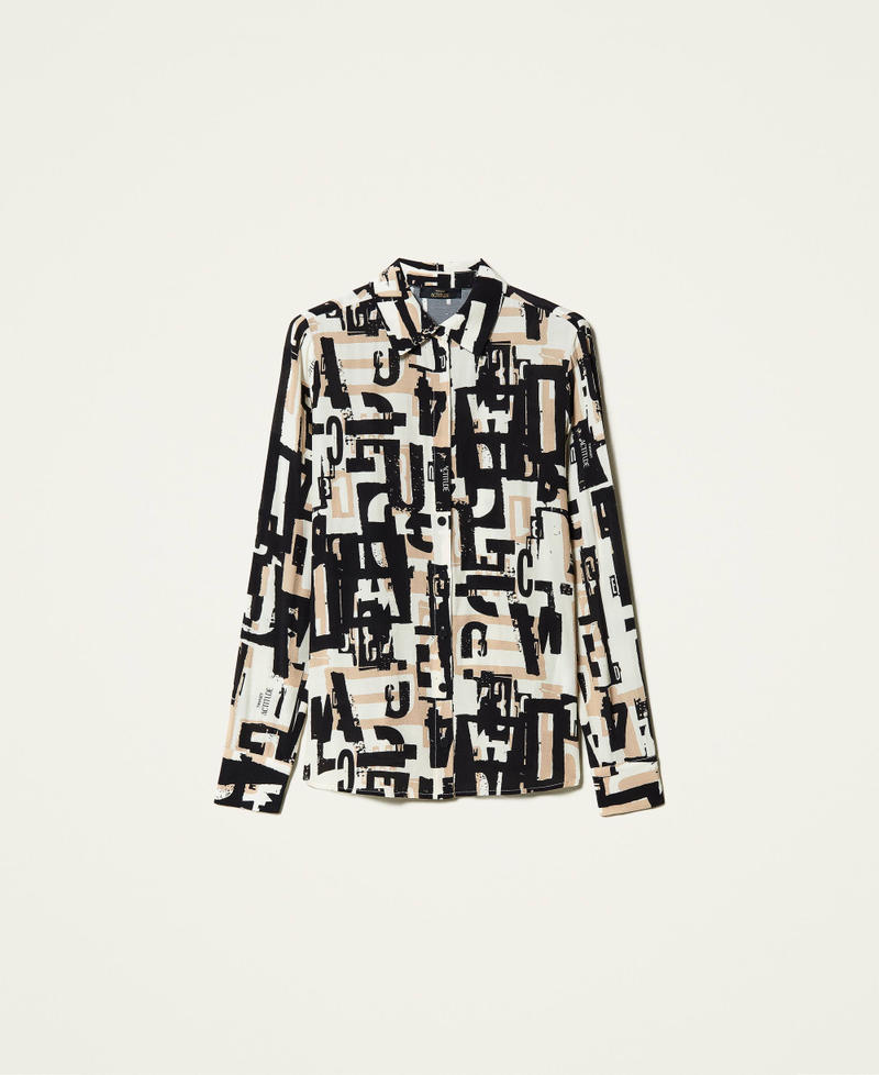Camisa de crep&eacute; de China con estampado de logotipo Estampado Lettering Negro Mujer 212AP2562-0S