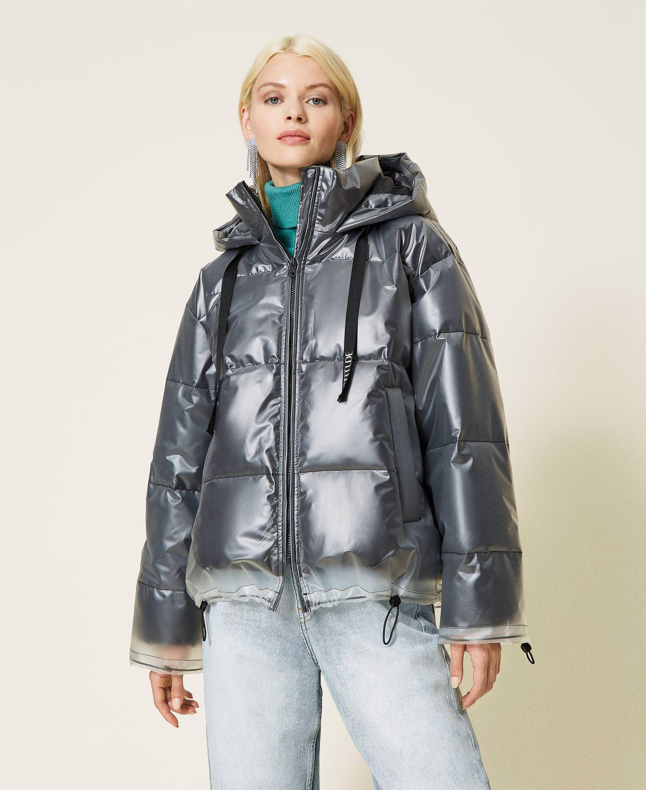 Boxy puffer jacket with logo drawstring Black Woman 212AP2590-02