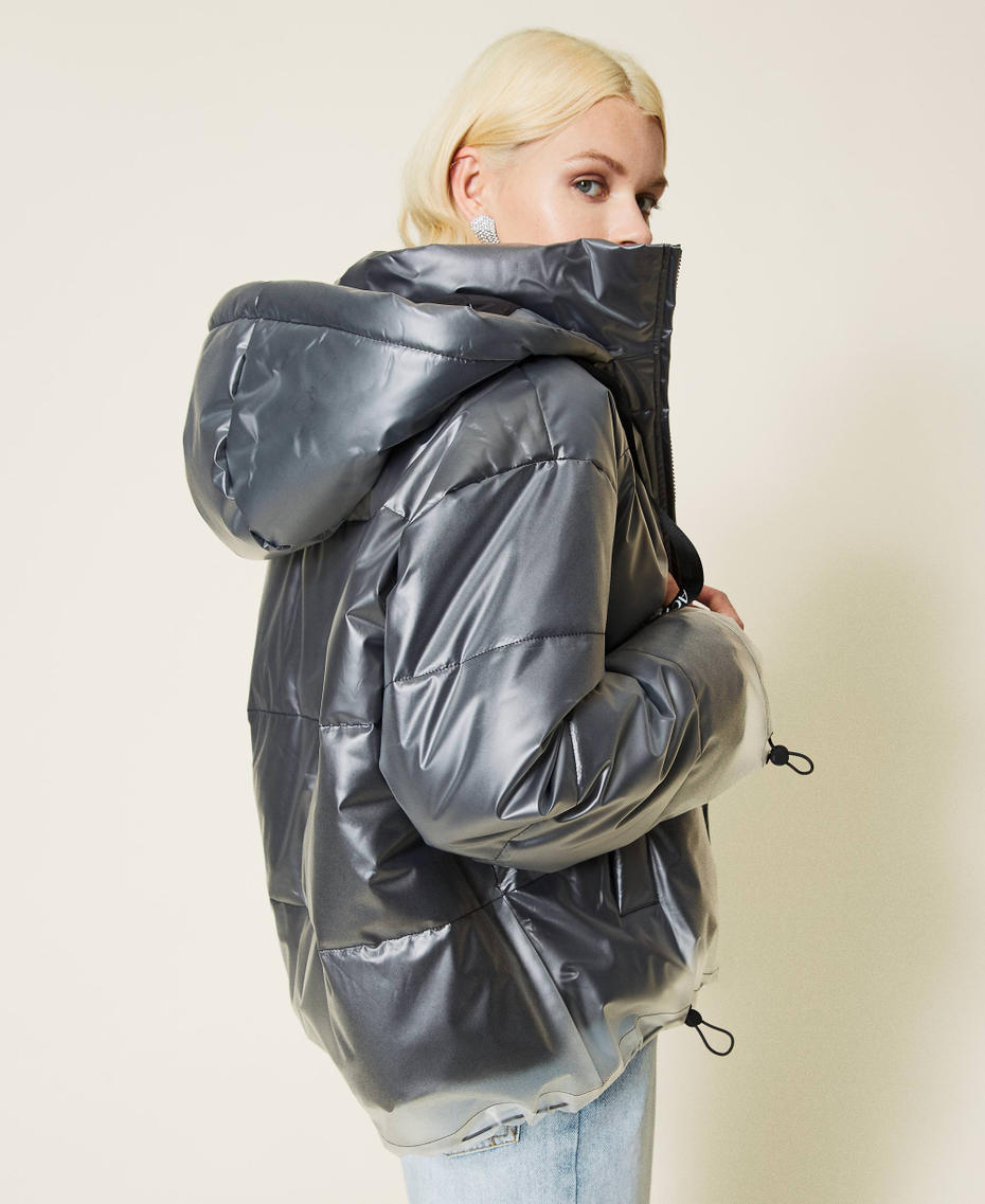 Boxy puffer jacket with logo drawstring Black Woman 212AP2590-03