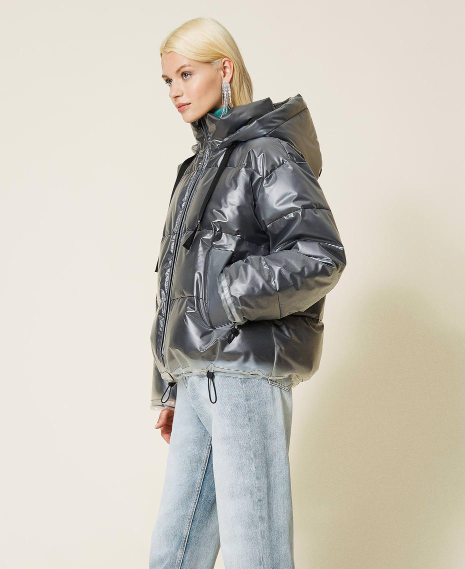 Boxy puffer jacket with logo drawstring Black Woman 212AP2590-04