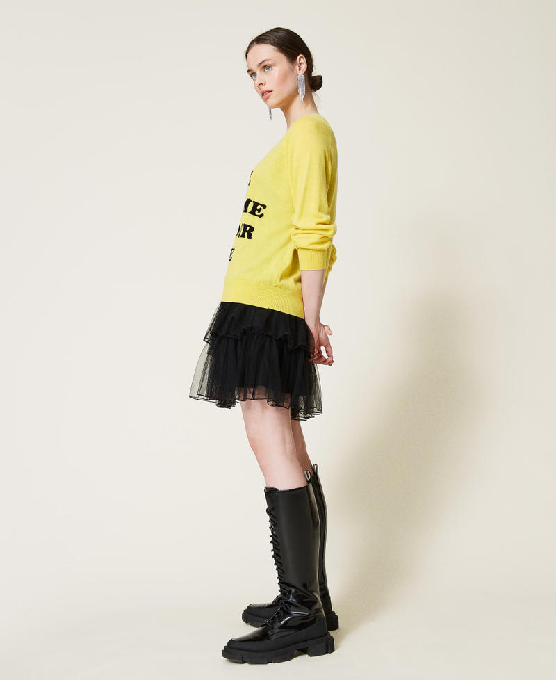 Maxipullover mit Unterkleid aus Tüll Zweifarbig Sunny Yellow / Schwarz Frau 212AP3120-02