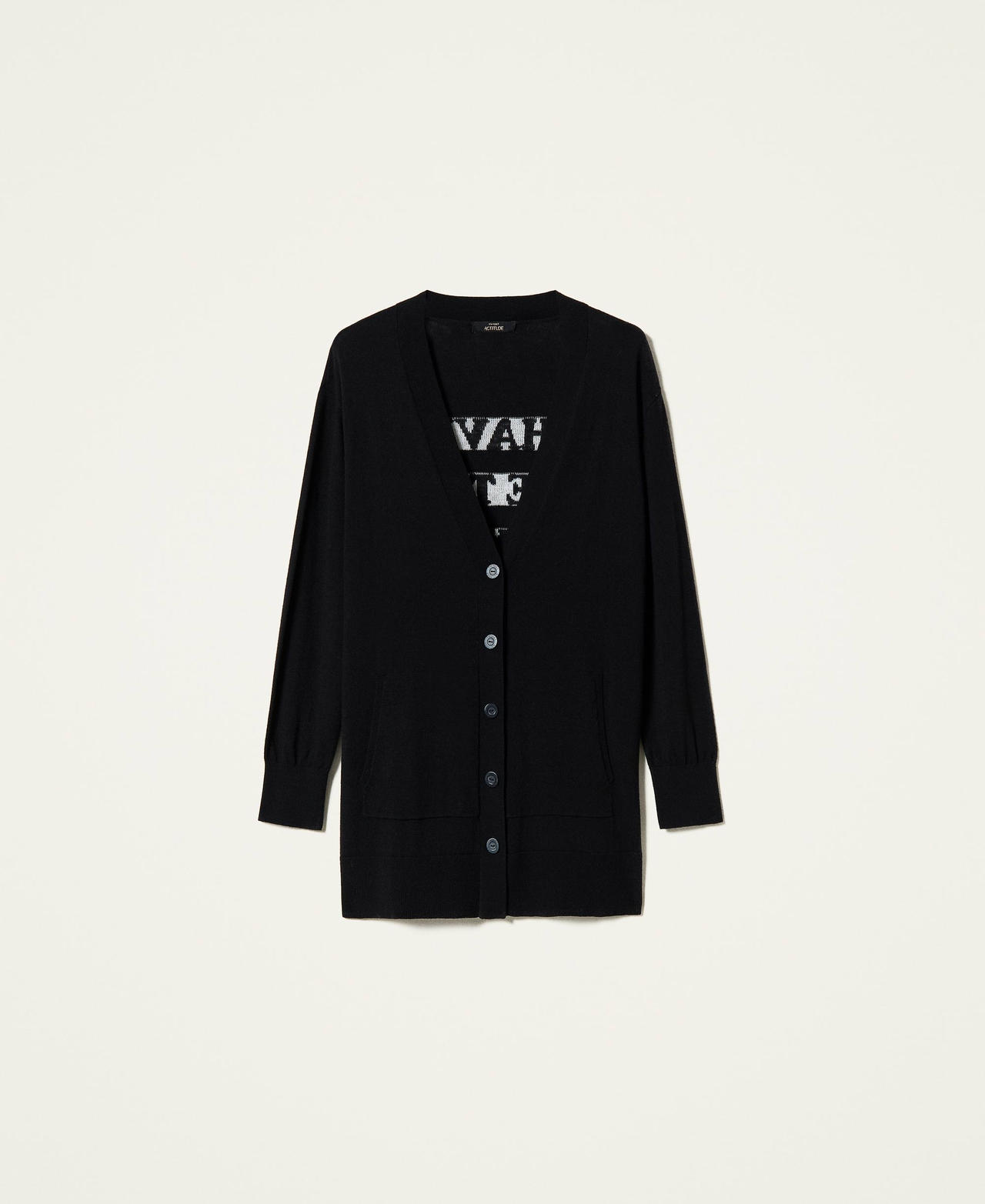 Wool blend cardigan with writing Two-tone Black / “Sea Salt” White Woman 212AP3121-0S
