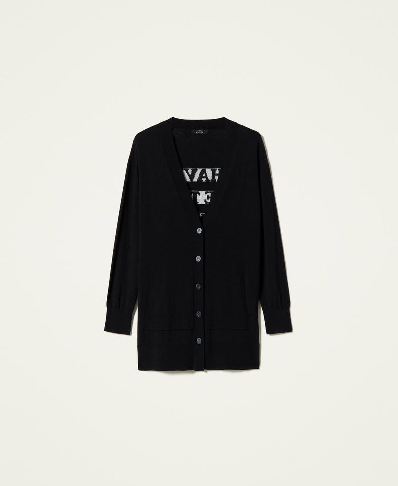 Wool blend cardigan with writing Two-tone Black / “Sea Salt” White Woman 212AP3121-0S