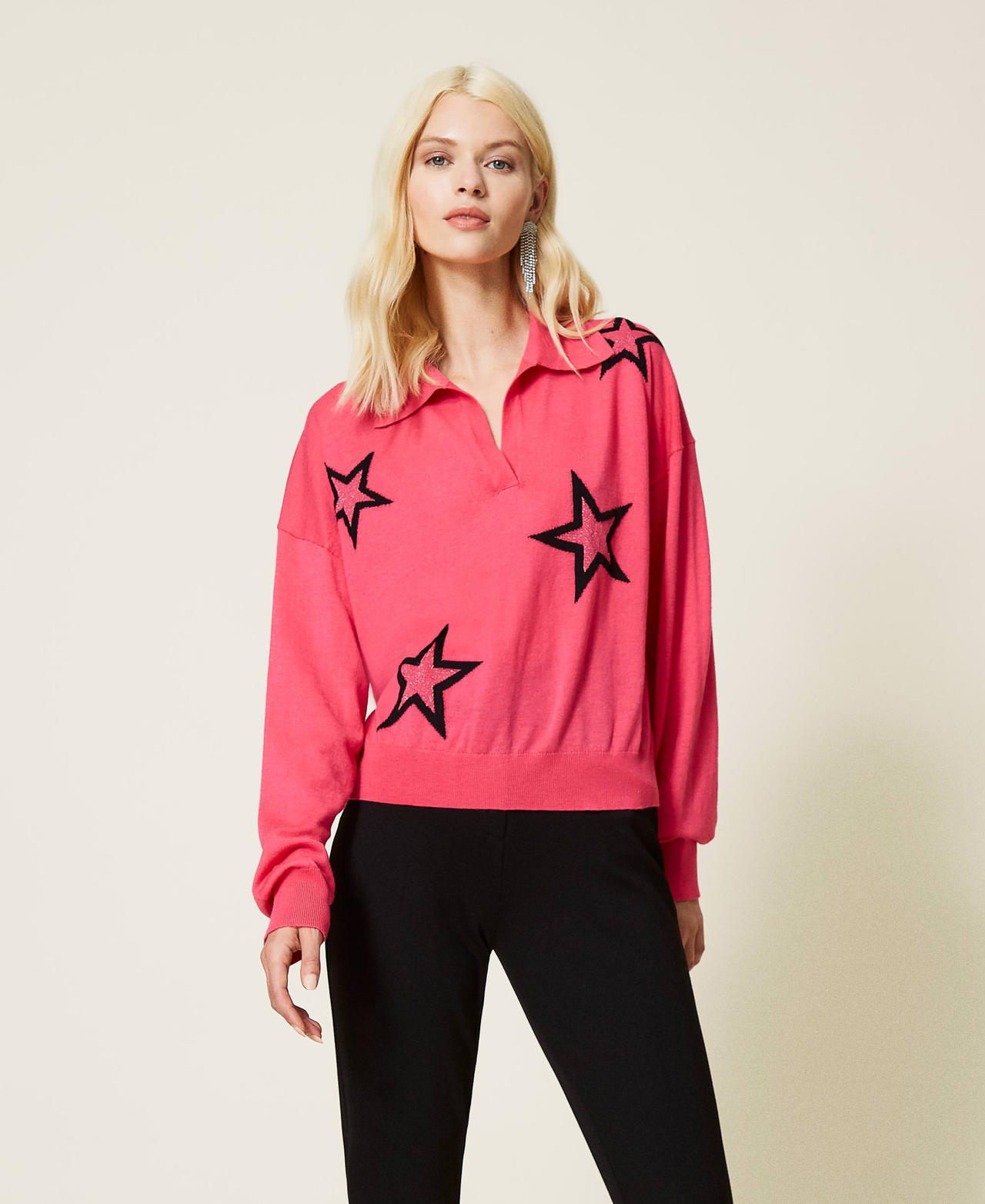 Star motif polo neck jumper Two-tone “Bubblegum” Pink / Black Woman 212AP3122-02