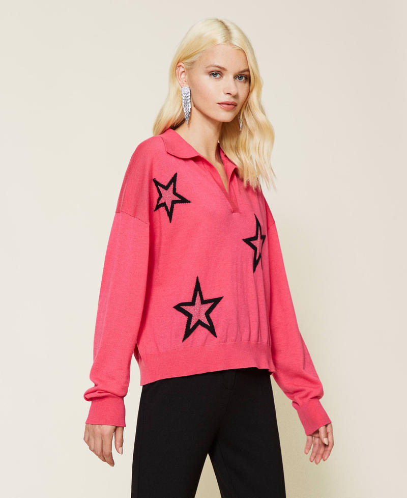 Star motif polo neck jumper Two-tone “Bubblegum” Pink / Black Woman 212AP3122-04