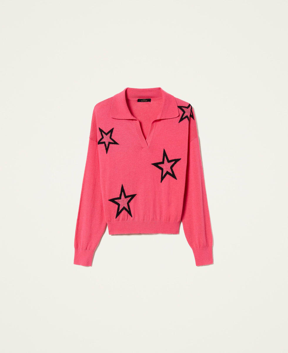 Star motif polo neck jumper Two-tone &ldquo;Bubblegum&rdquo; Pink / Black Woman 212AP3122-0S