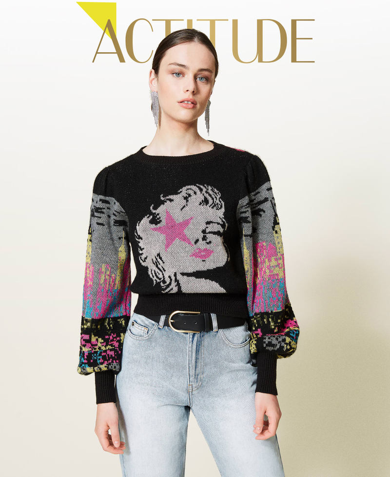 Jacquard wool blend jumper Black Picture Jacquard Mix Woman 212AP3130-01