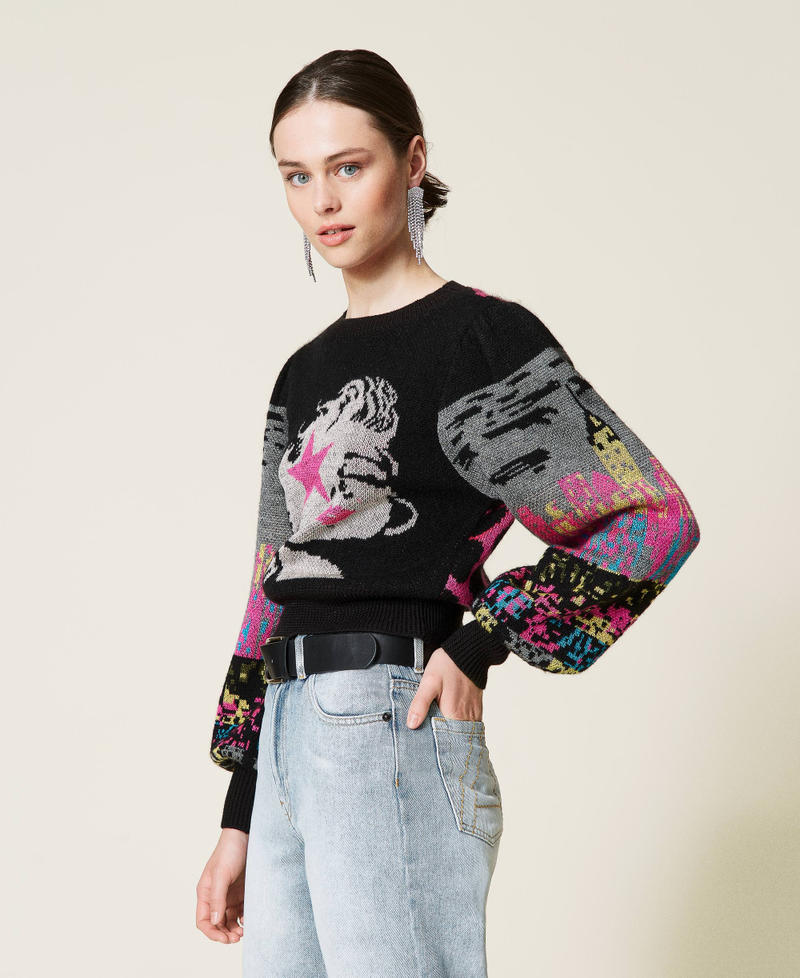 Jacquard wool blend jumper Black Picture Jacquard Mix Woman 212AP3130-02