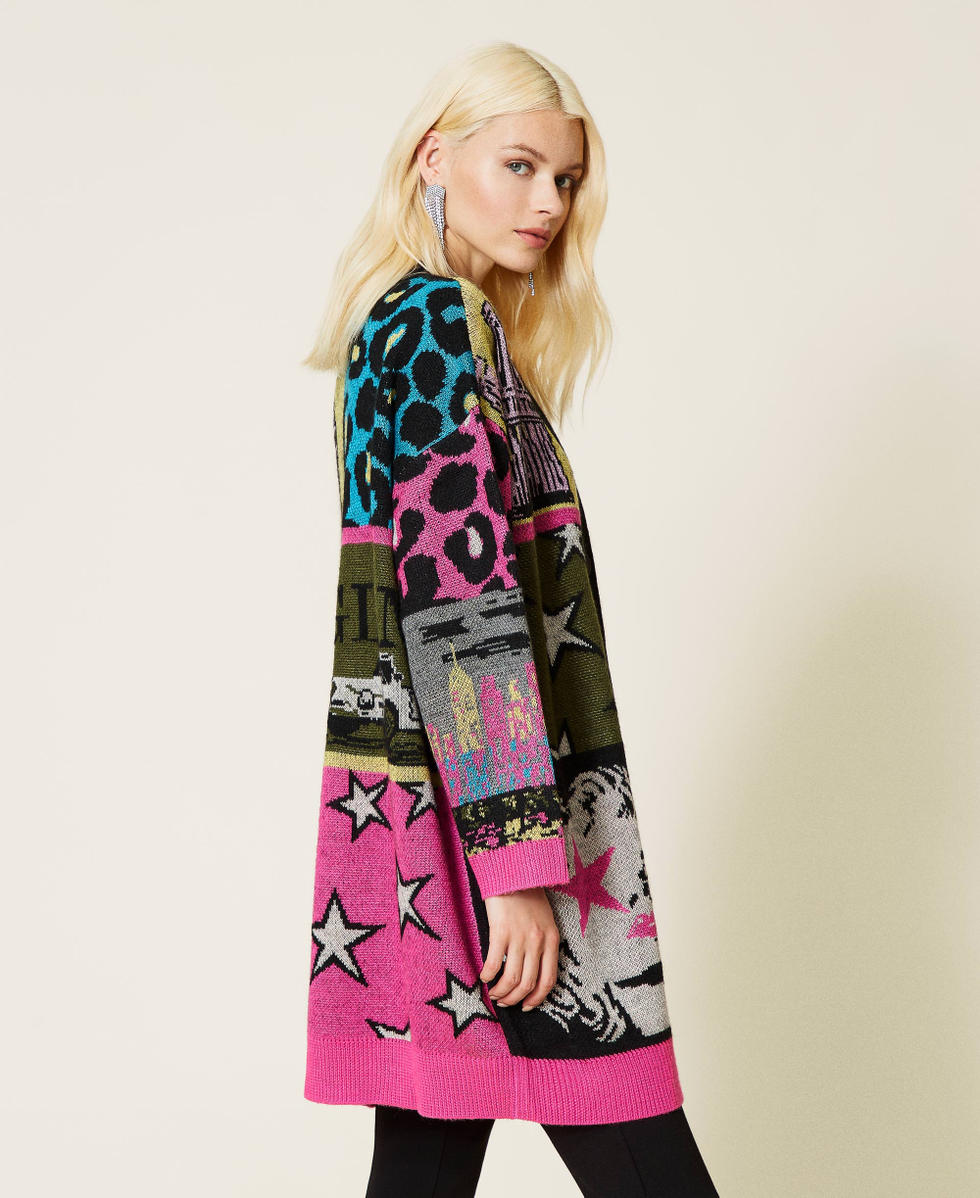 Jacquard wool blend cardigan Purple Berry Picture Jacquard Mix Woman 212AP3132-05