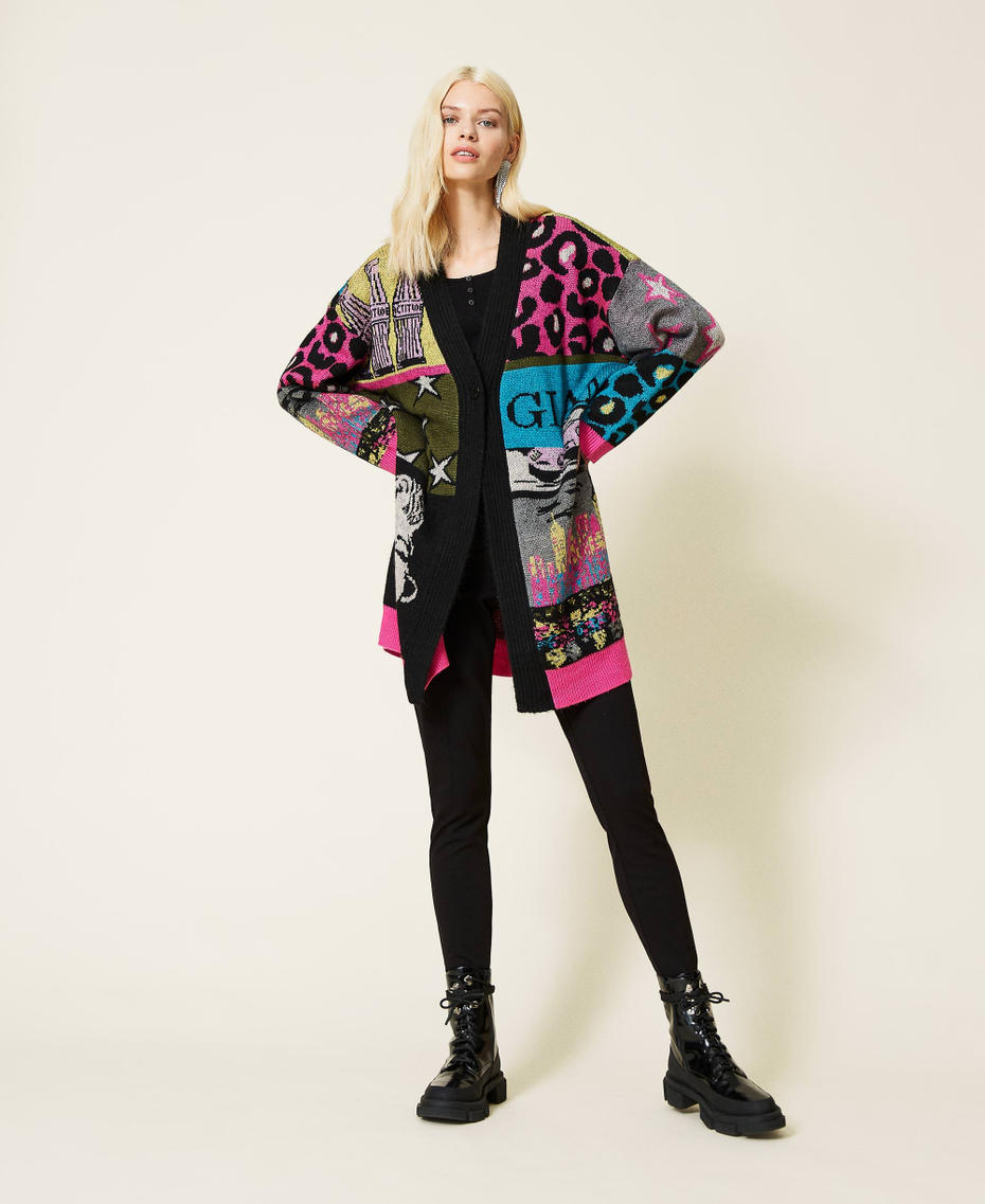 Jacquard wool blend cardigan Purple Berry Picture Jacquard Mix Woman 212AP3132-0T