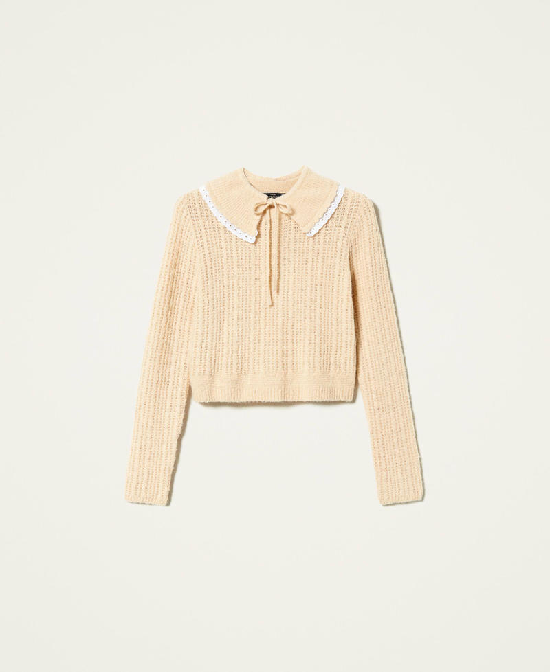 Cable knit jumper with embroidered collar "Light Tan” Beige Woman 212AP3170-0S