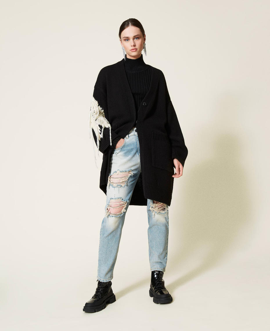 Knit cat with star embroidery Two-tone Black / &ldquo;Sea Salt&rdquo; White Woman 212AP3182-0T