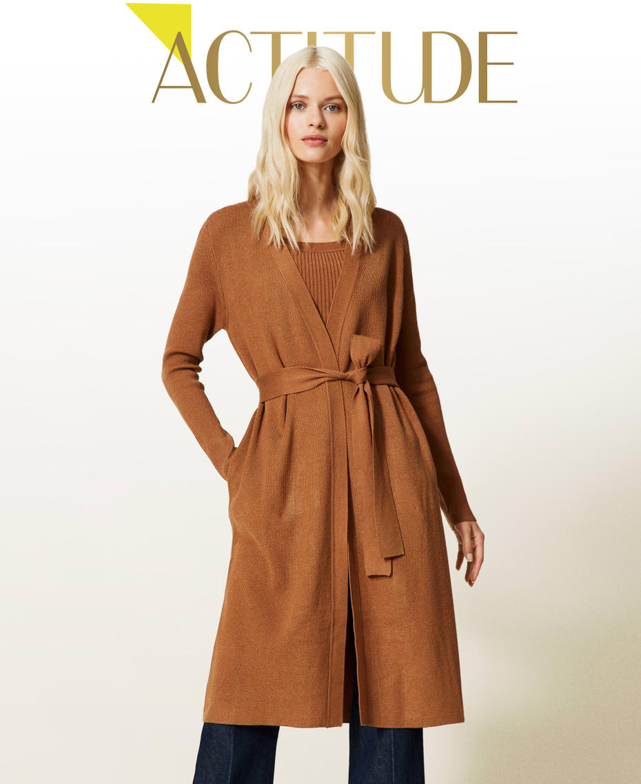 Long ribbed cardigan &ldquo;Panama&rdquo; Brown Woman 212AP3216-01