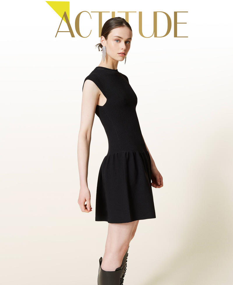 Ribbed dress with pleated skirt Black Woman 212AP3280-01
