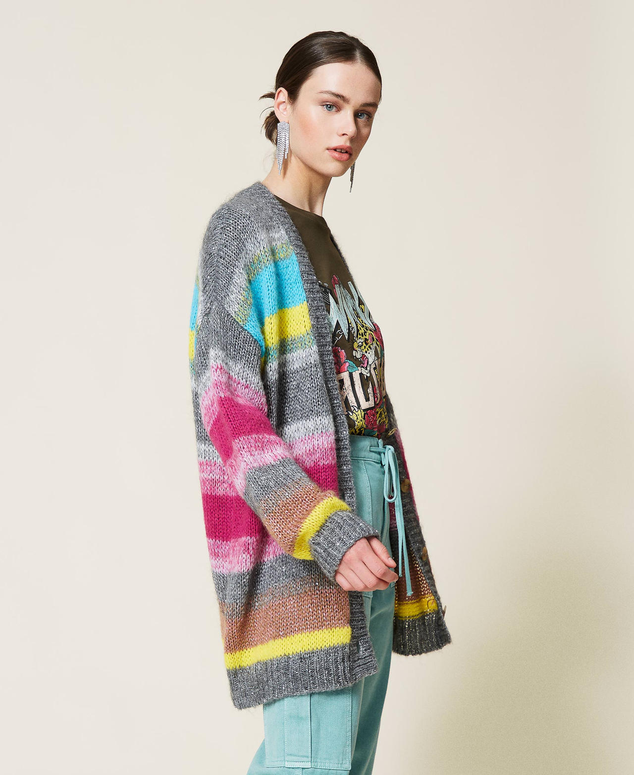 'Galaxite' striped maxi cardigan Dark Grey Marl Stripes Multicolour Woman 212AP3350-02