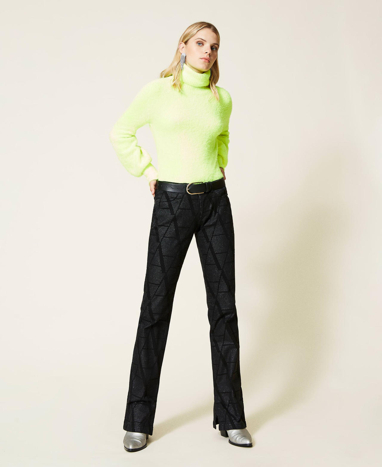 Glitter bell bottom jeans Black Denim Woman 212AT2010-02