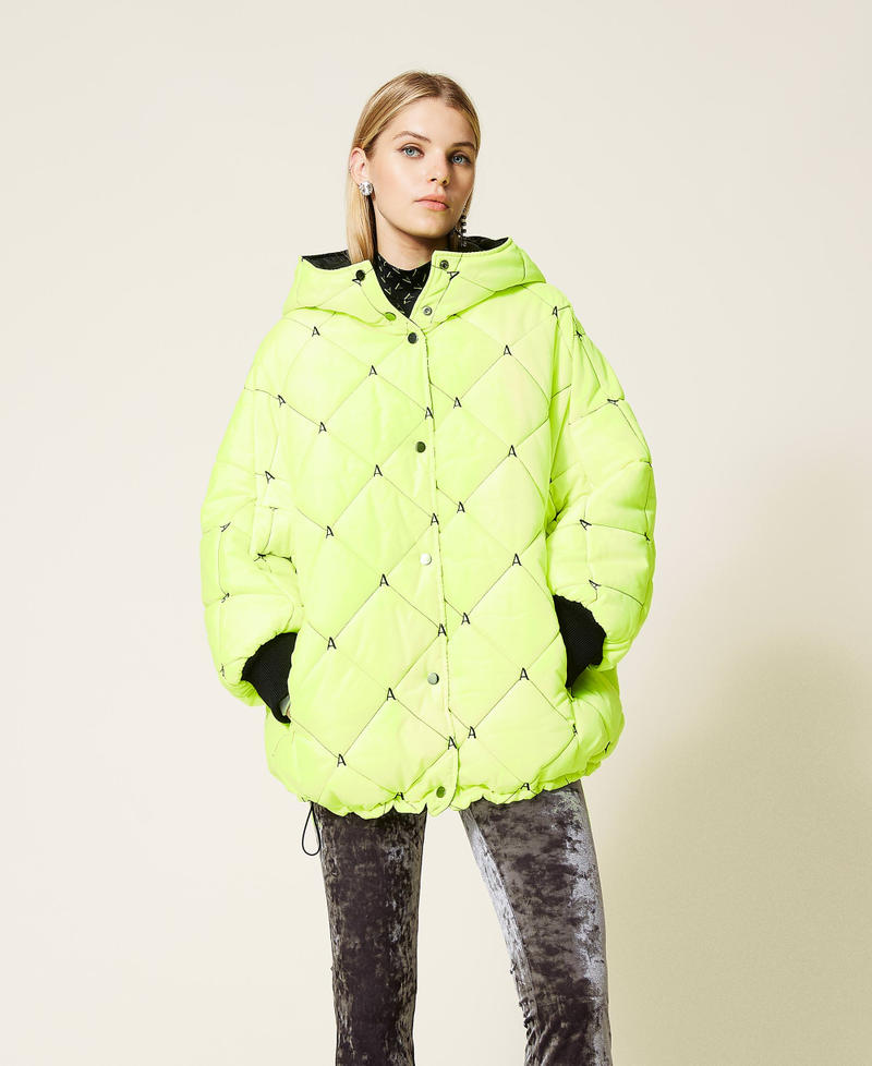 Reversible puffer jacket with embroidery Two-tone Black / Neon Yellow Woman 212AT2042-02