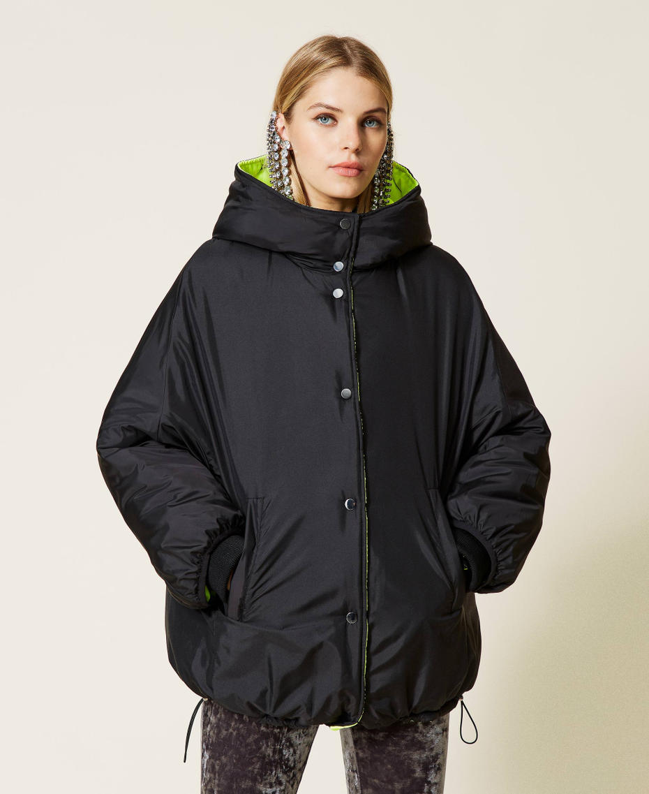 Reversible puffer jacket with embroidery Two-tone Black / Neon Yellow Woman 212AT2042-06