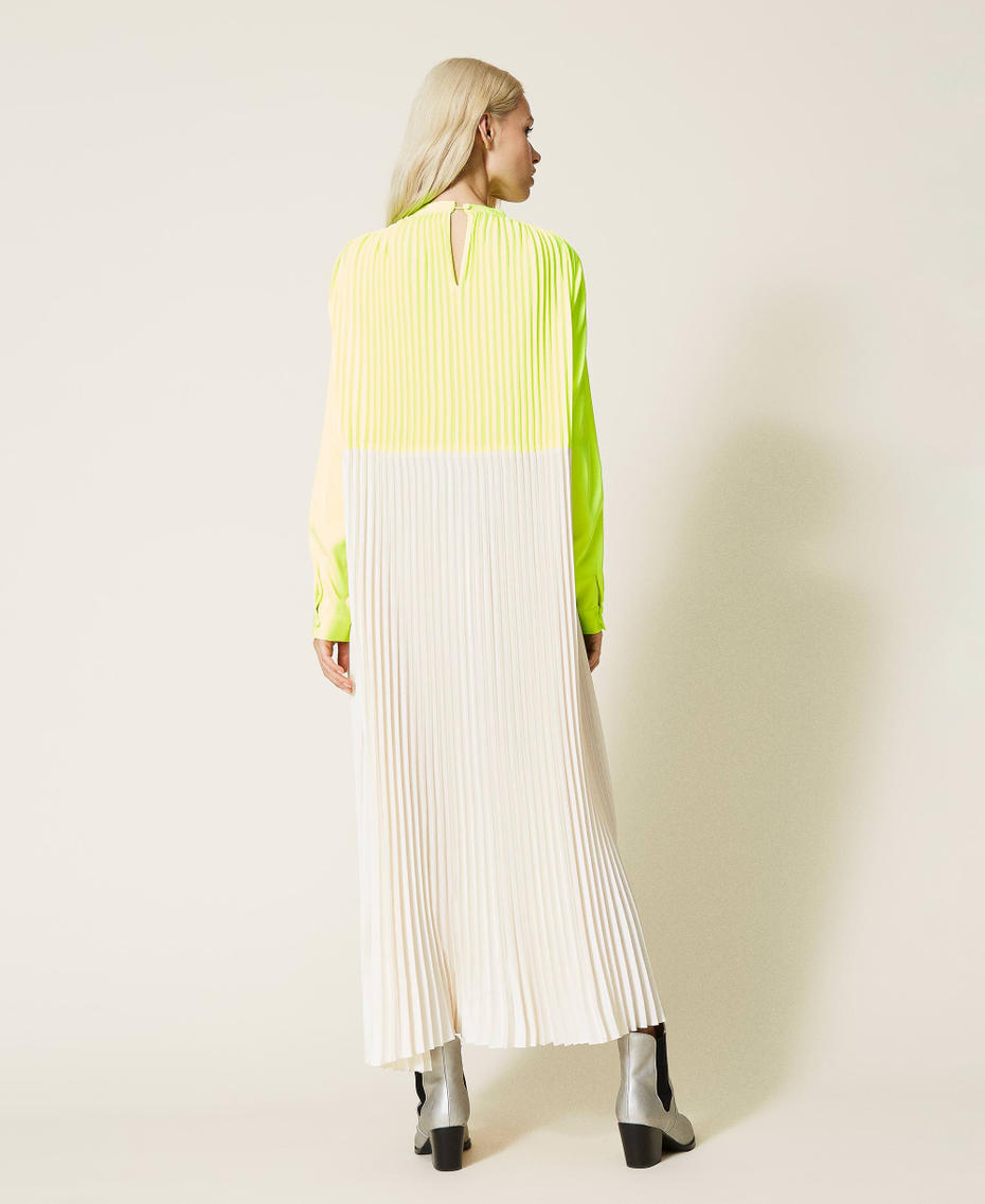 Abito lungo 'Agate' in raso plissé Giallo Fluo / Madreperla / Grigio "Metal Gun" Donna 212AT2097-04