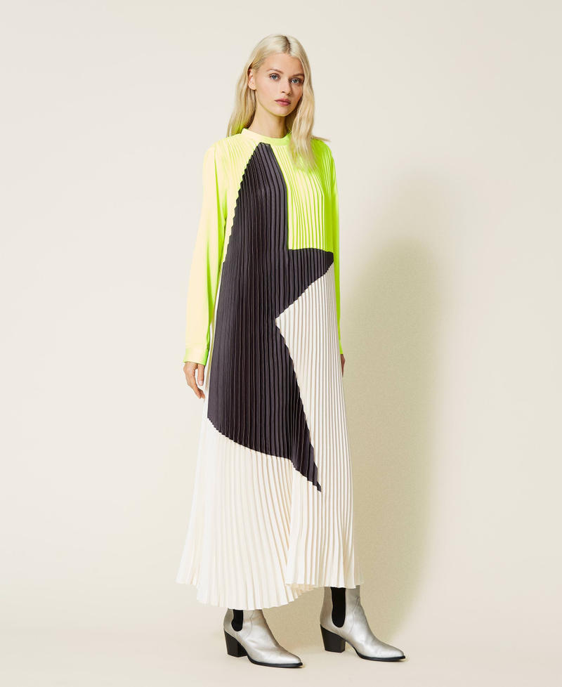 Abito lungo 'Agate' in raso plissé Giallo Fluo / Madreperla / Grigio "Metal Gun" Donna 212AT2097-05