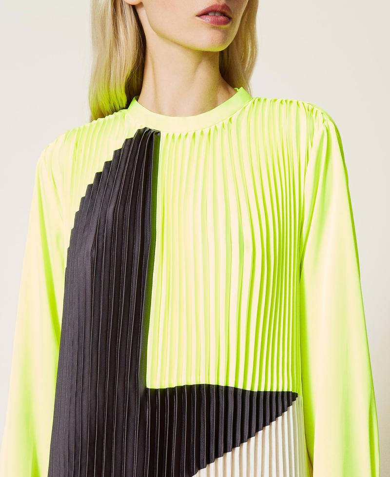 Abito lungo 'Agate' in raso plissé Giallo Fluo / Madreperla / Grigio "Metal Gun" Donna 212AT2097-06