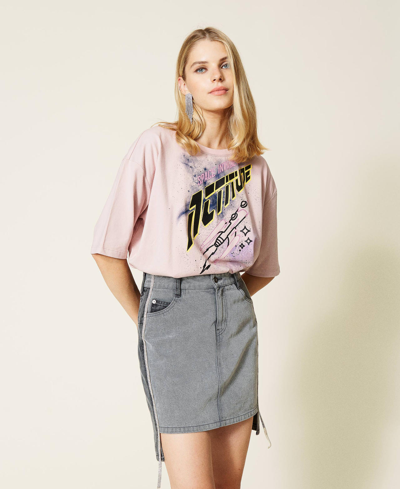 T-shirt bodysuit with print &ldquo;Wood Rose&rdquo; Pink / Neon Print Black Woman 212AT211B-02