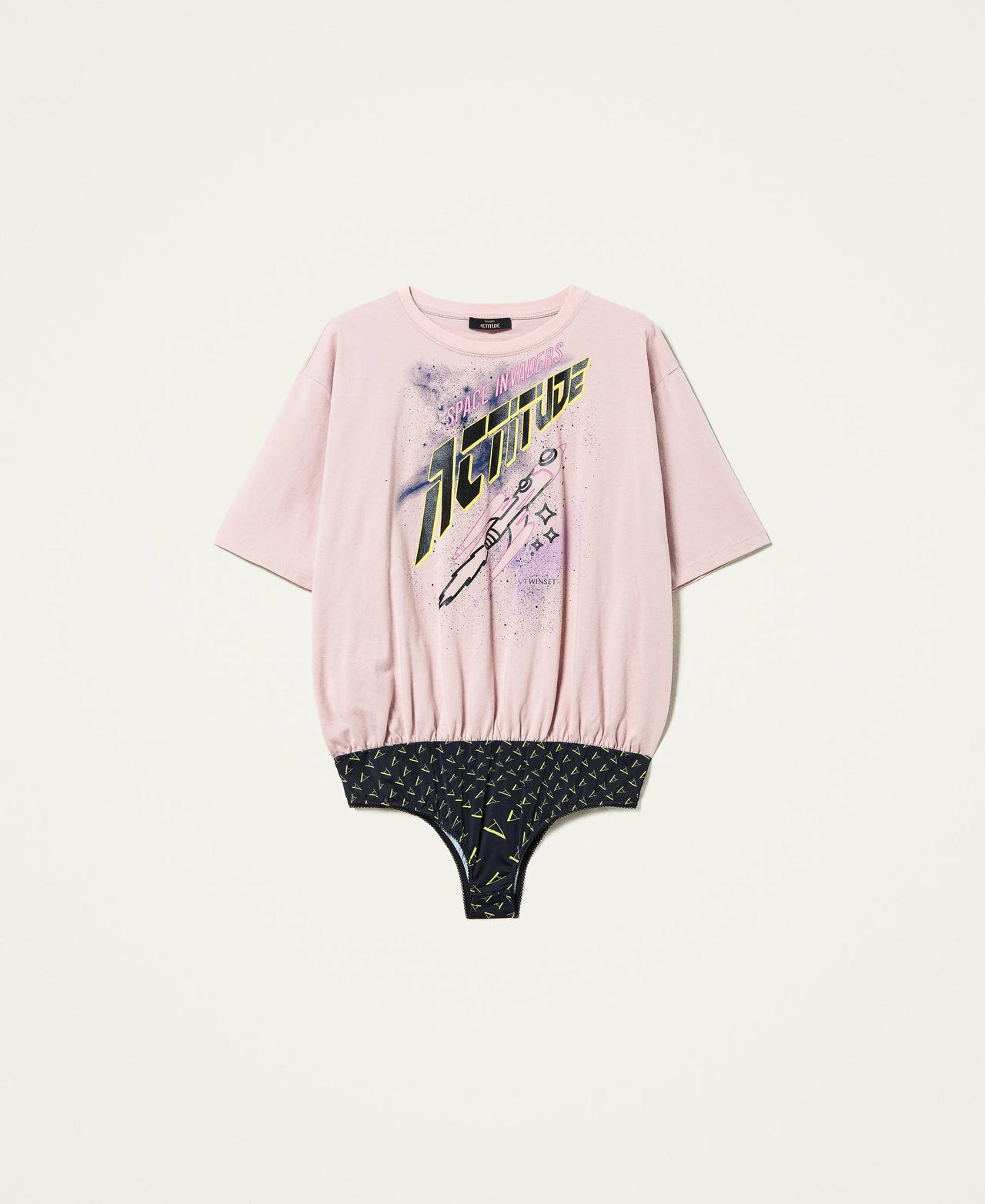 T-shirt bodysuit with print &ldquo;Wood Rose&rdquo; Pink / Neon Print Black Woman 212AT211B-0S