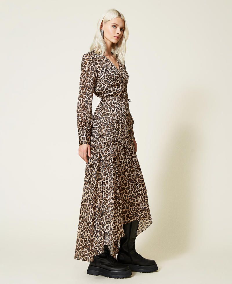 Длинное платье из жаккарда с люрексом и животным принтом Набивной Леопард женщина 212AT2152-03